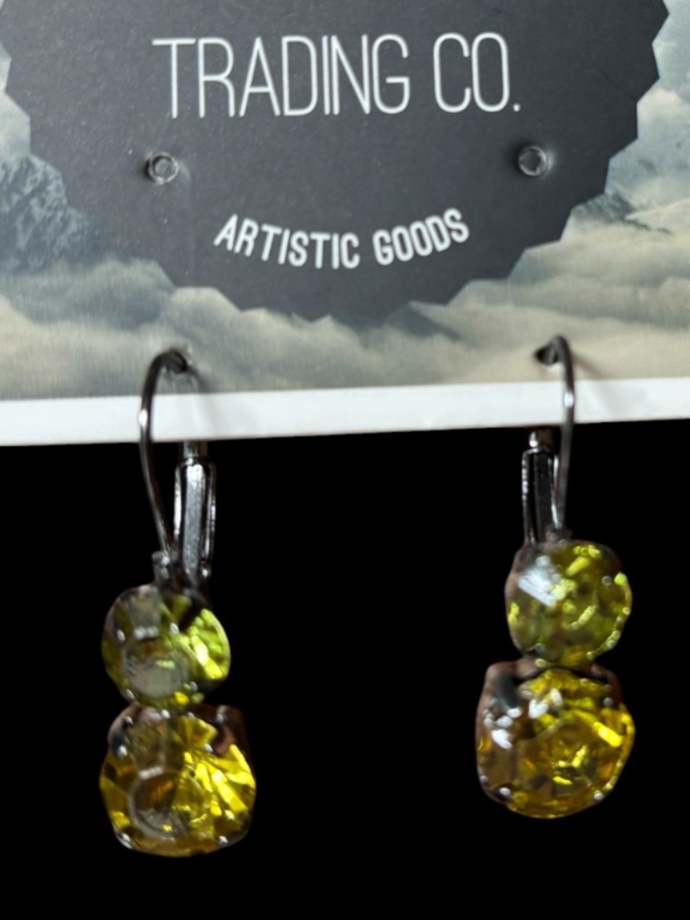 Trading Co. Artistic Goods Gun Metal and Chartreuse Crystal Drop Earrings NWT